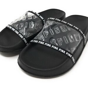 Victorias Secret PINK Black Clear Logo Strap Slides Sandals Women's Size 10-10.5